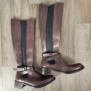 Heschung Brown Leather Tall Riding Boots Elastic Side Buckle Detail Women Size 7